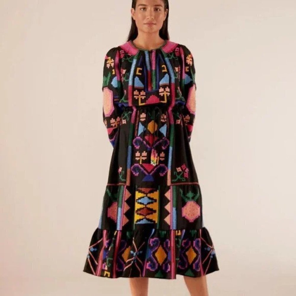 Farm Rio Black Cross Stitch Midi Dress size XS NWT